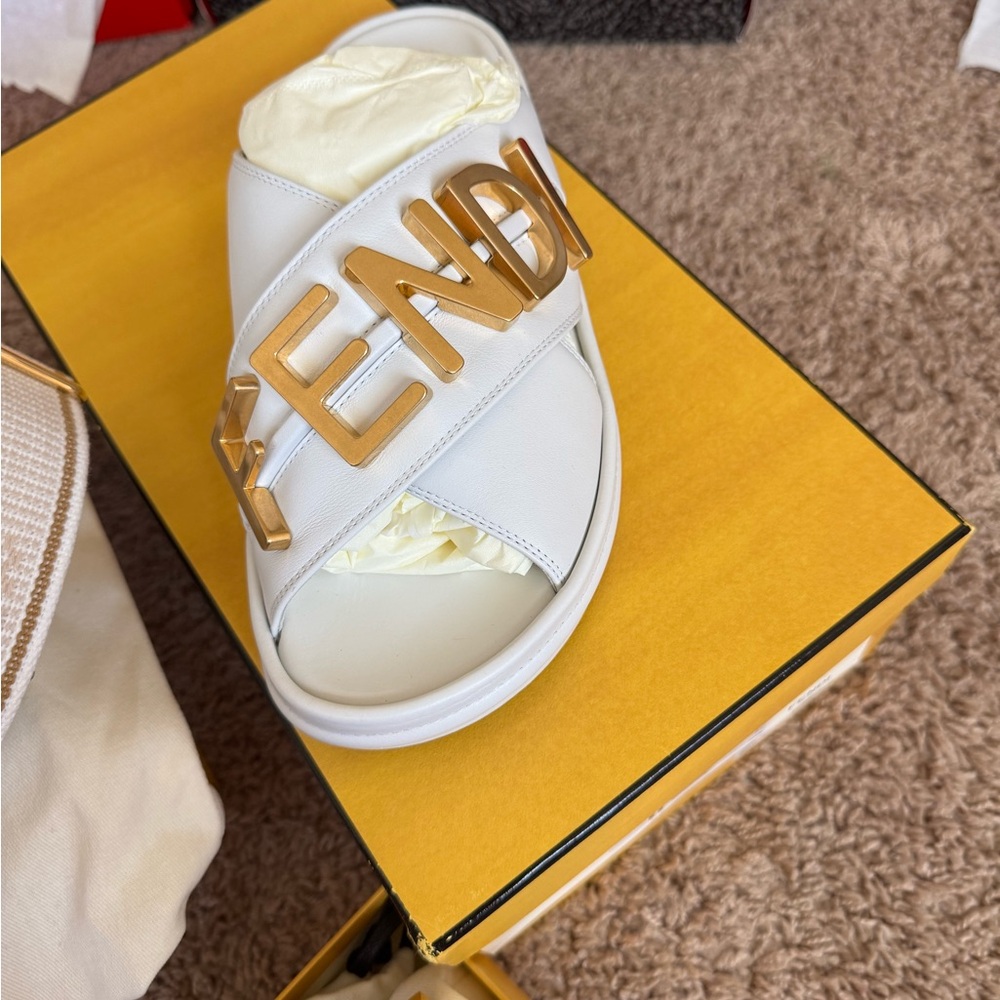 Fendi Women's White and Gold Slide Sandals